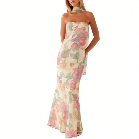 Pink Elegant Women's Floral Strapless Dress Y2k Backless Sleeveless Tube - Picture 1 of 7